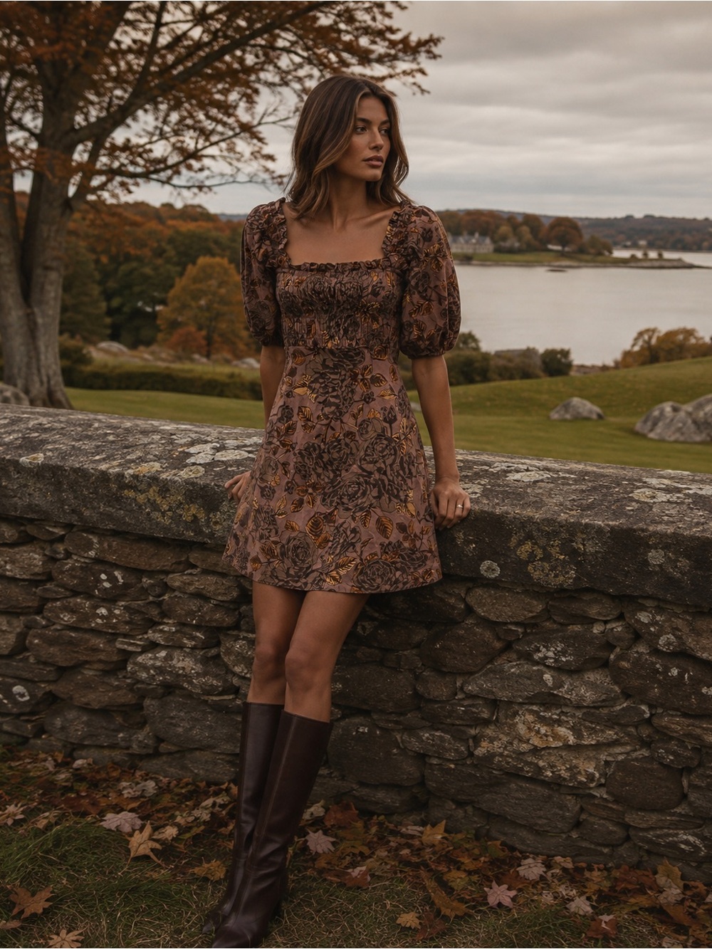 GANNI Brown Printed A-Line Mini Dress XS Organic Cotton